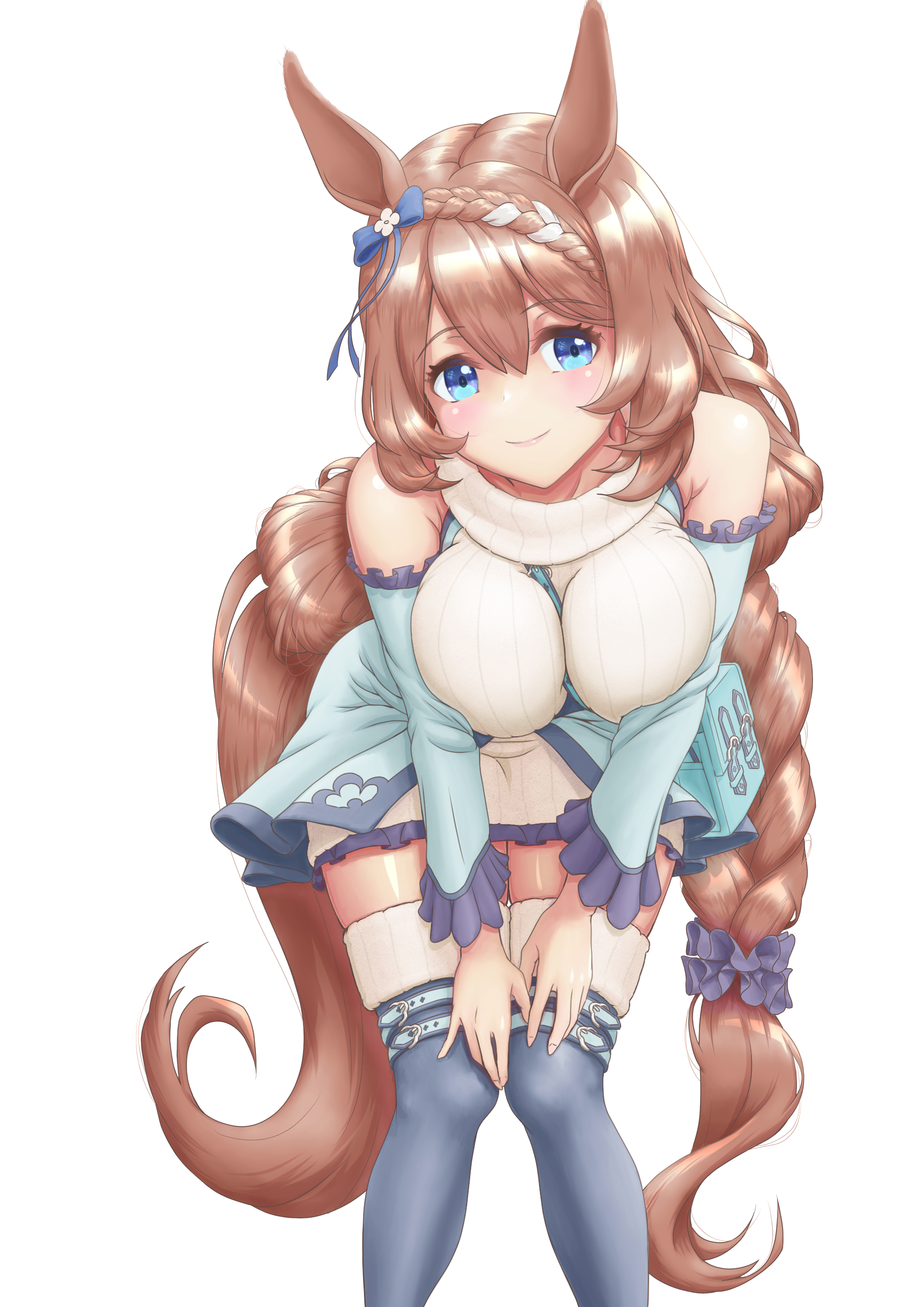 shibakarisena, super creek (umamusume), umamusume, absurdres, highres, 1girl, animal ears, bare shoulders, blue eyes, blue jacket, blue thighhighs, blush, bow, braid, breasts, brown hair, closed mouth, dress, ear bow, hair between eyes, hair ornament, hands on own knees, horse ears, horse girl, horse tail, jacket, large breasts, leaning forward, long hair, looking at viewer, multicolored hair, open clothes, open jacket, simple background, smile, solo, streaked hair, tail, thighhighs, very long hair, white background, white dress, white hair