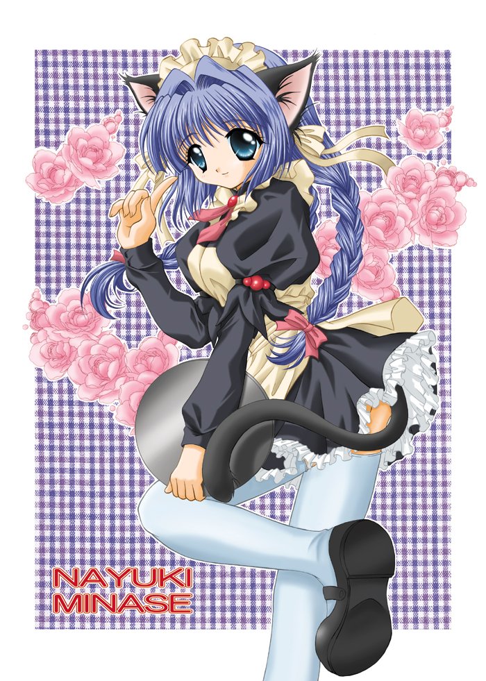 minase nayuki, kanon, non-web source, 1girl, animal ears, blue eyes, blue hair, braid, cat ears, cat tail, cowboy shot, female focus, flower, plant, solo, standing, tail, thighhighs, twintails, waitress