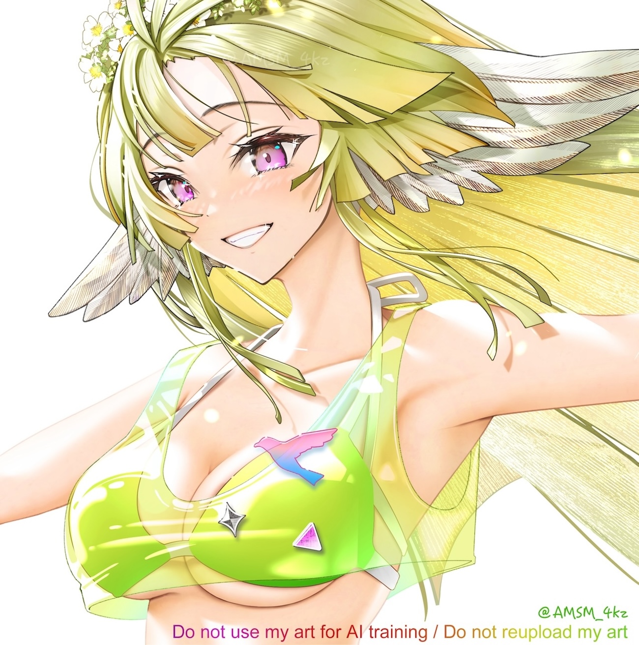 yokaze (yokajie), poncirus (arknights), arknights, commentary, highres, 1girl, bare shoulders, bikini, breasts, feathers, green bikini, green hair, head wings, head wreath, long hair, looking at viewer, medium breasts, purple eyes, simple background, smile, solo, swimsuit, twitter username, white background, white feathers, wings