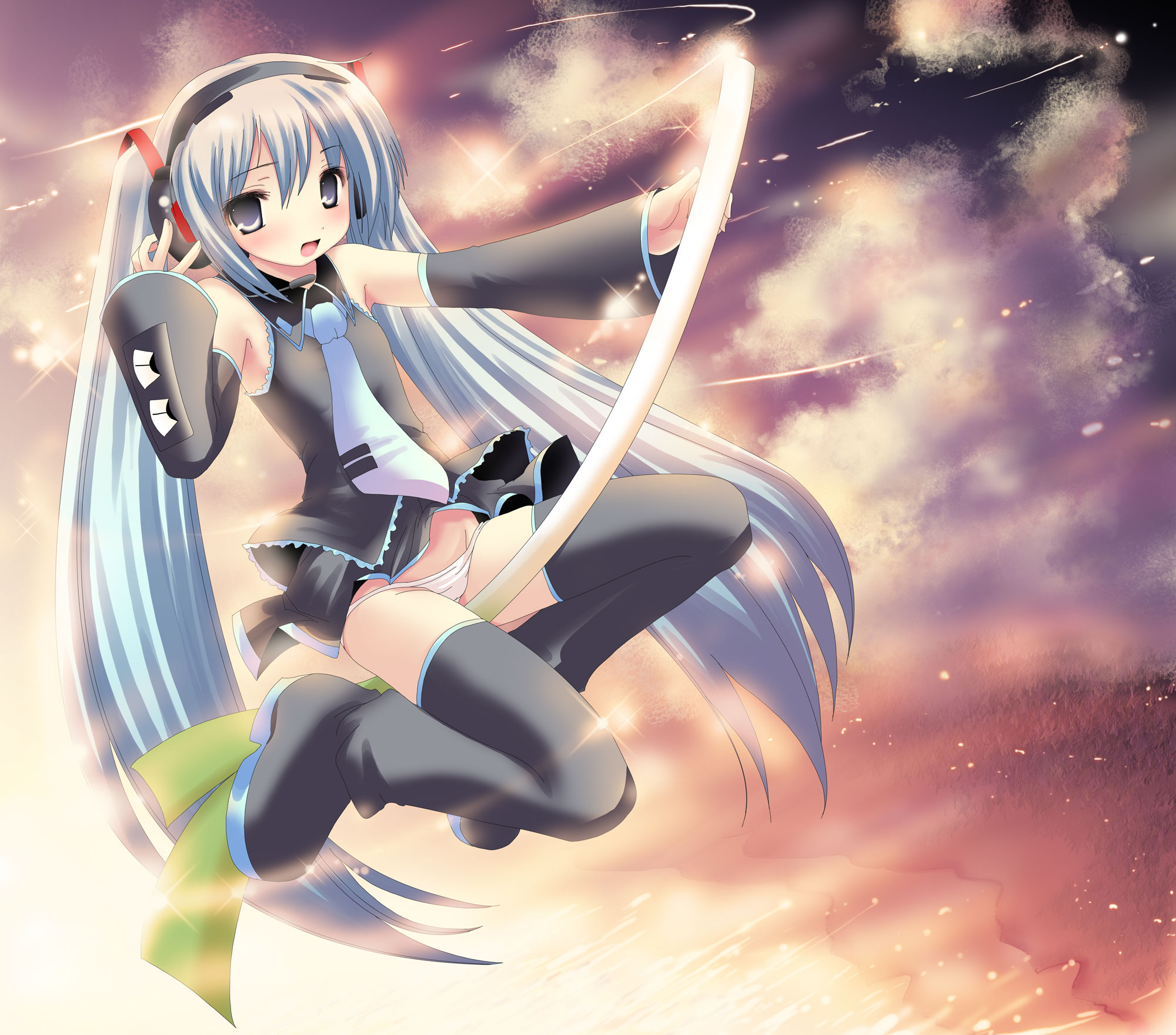 namamo nanase, hatsune miku, vocaloid, highres, long hair, lowleg, lowleg panties, panties, solo, spring onion, striped clothes, striped panties, thighhighs, twintails, underwear, very long hair
