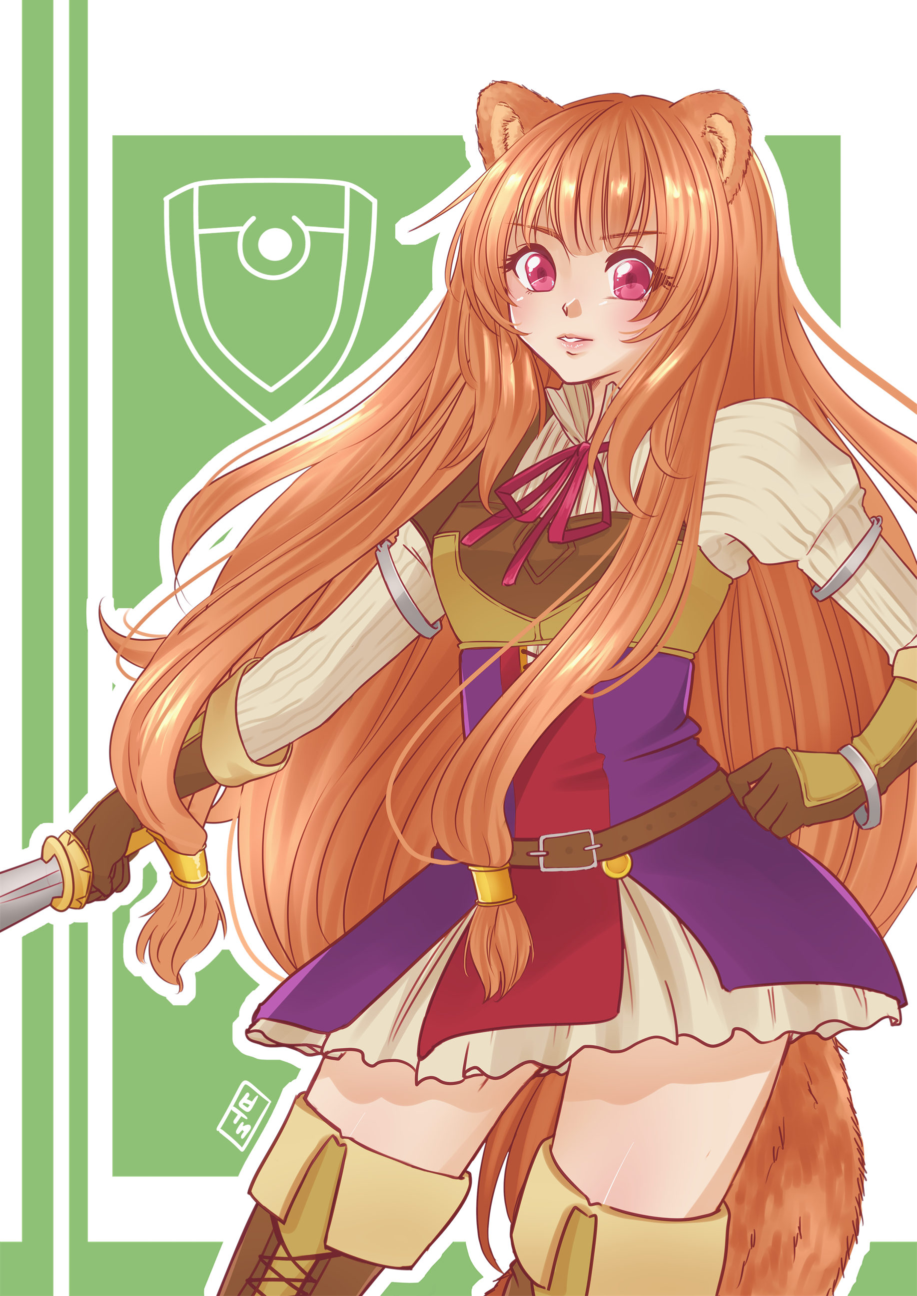 raphtalia, tate no yuusha no nariagari, absurdres, highres, 1girl, animal ear fluff, animal ears, armor, armored gloves, belt, black dress, blunt bangs, boohaveit, boots, breastplate, breasts, brown belt, brown boots, brown gloves, brown hair, collared dress, cowboy shot, dress, elbow gloves, eyelashes, gloves, green background, high collar, holding, holding sword, holding weapon, leather armor, long hair, long sleeves, metal arm cuffs, metal hair tubes, metal wrist cuffs, missing commentary, neck ribbon, outline, parted lips, pauldrons, pink eyes, pinstripe dress, pinstripe pattern, raccoon ears, raccoon girl, raccoon tail, red dress, red ribbon, ribbon, shoulder armor, single pauldron, sleeveless, sleeveless dress, small breasts, solo, straight hair, sword, tail, thigh boots, thighhighs, thighs, two-tone dress, weapon, white background, white dress, white outline, zettai ryouiki