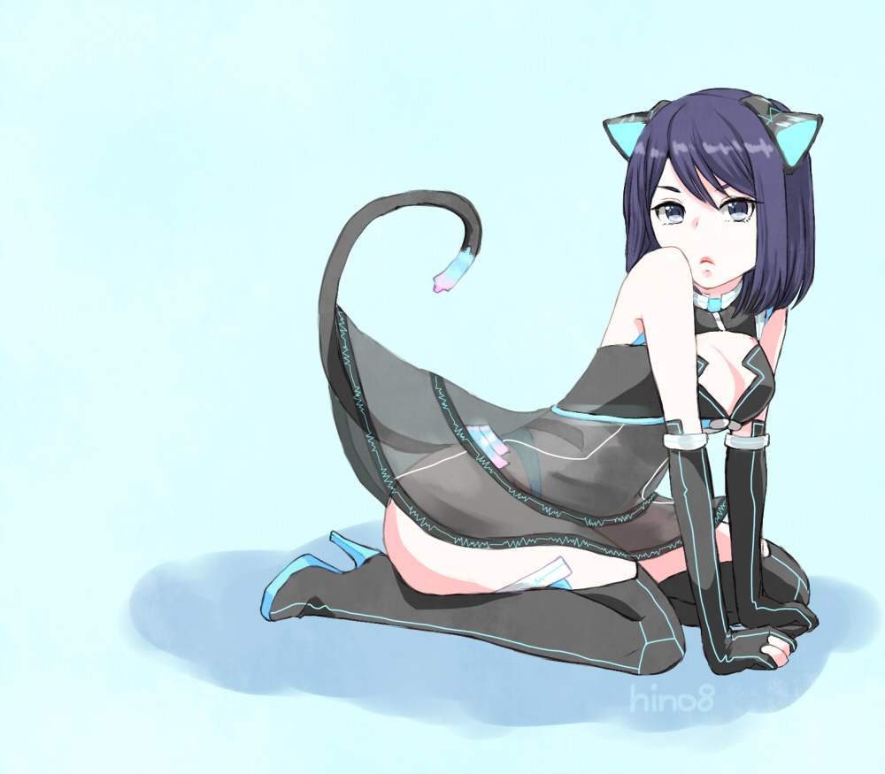 hino (8), miracle nikki, nikki (series), commentary request, 1girl, animal ears, annoyed, armlet, bare shoulders, black boots, black dress, black gloves, blue background, blue panties, boots, breasts, cat ears, cat girl, cat tail, cleavage, cleavage cutout, closed mouth, clothing cutout, collar, dress, elbow gloves, fake animal ears, fake tail, fingerless gloves, full body, gloves, grey eyes, hands on ground, high heel boots, high heels, jewelry, kneeling, lips, medium breasts, medium hair, neva (miracle nikki), panties, pout, purple hair, ruins & black cat (miracle nikki), see-through clothes, see-through dress, shadow, short dress, signature, simple background, single stripe, sleeveless, sleeveless dress, solo, striped collar, tail, thigh boots, underwear, white collar