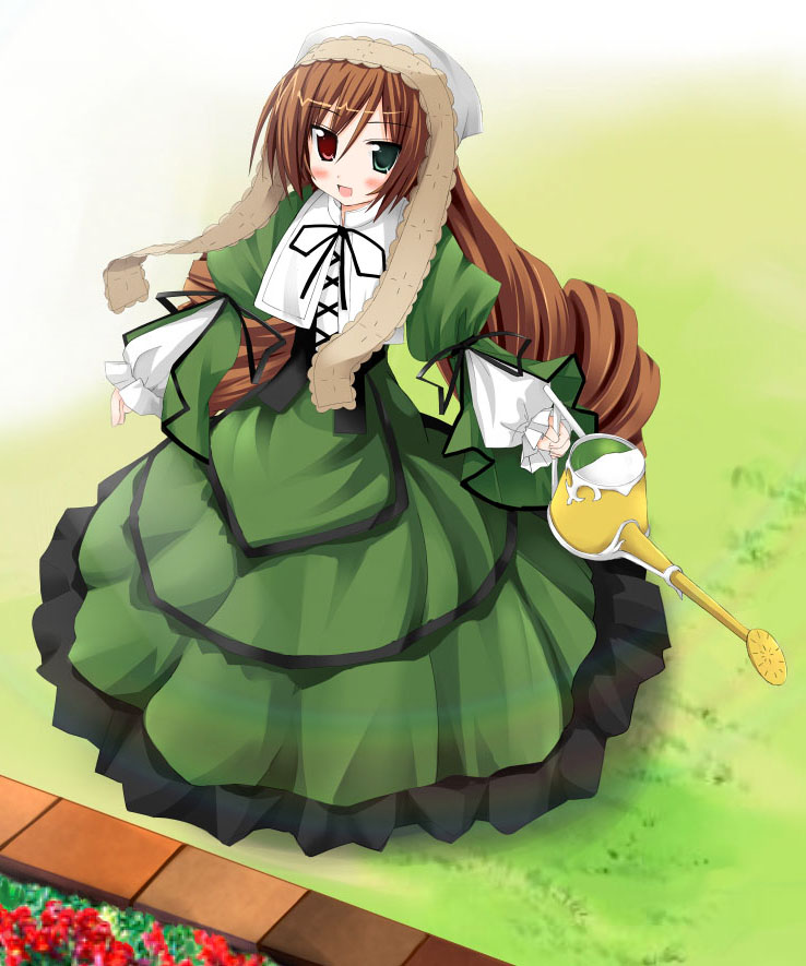 kiriya haruhito, suiseiseki, rozen maiden, 00s, 1girl, :d, black ribbon, blush, bonnet, brown hair, dress, drill hair, female focus, flower, from above, full body, green dress, green eyes, headscarf, heterochromia, holding, lolita fashion, long hair, long sleeves, looking at viewer, neck ribbon, open mouth, outdoors, red eyes, ribbon, smile, solo, standing, twin drills, very long hair, watering can, white headscarf