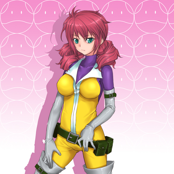 rokuichi, feldt grace, gundam, gundam 00, 00s, 1girl, aqua eyes, belt, belt skirt, elbow gloves, female focus, gloves, pink hair, solo, thigh strap, thighhighs