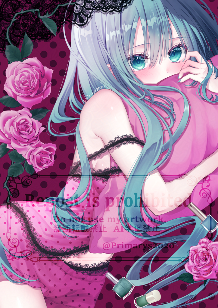 kyuubi mika, hatsune miku, romeo to cinderella (vocaloid), vocaloid, 1girl, aqua eyes, aqua hair, bare shoulders, black lace trim, blue eyes, blue hair, camisole, frilled camisole, frills, long hair, looking at viewer, pink camisole, polka dot, solo, underwear, very long hair