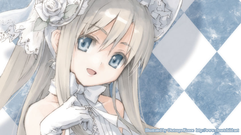 konoe ototsugu, original, 1girl, artist name, blonde hair, blue eyes, bonnet, bow, checkered background, female focus, flower, frills, gloves, hat, hat flower, lolita fashion, rose, solo, sweet lolita, watermark, web address, white flower, white gloves, white rose