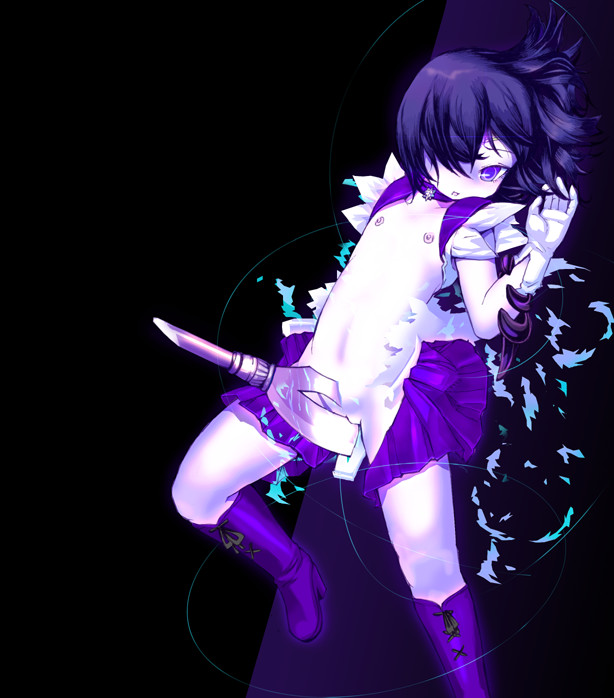 #104, sailor saturn, tomoe hotaru, bishoujo senshi sailor moon, bad id, bad pixiv id, 1990s (style), 1girl, 2007, bob cut, boots, choker, female focus, flat chest, gloves, knee boots, magical girl, nipples, purple boots, purple skirt, purple theme, retro artstyle, silence glaive, skirt, solo, tearing clothes, torn clothes, white gloves