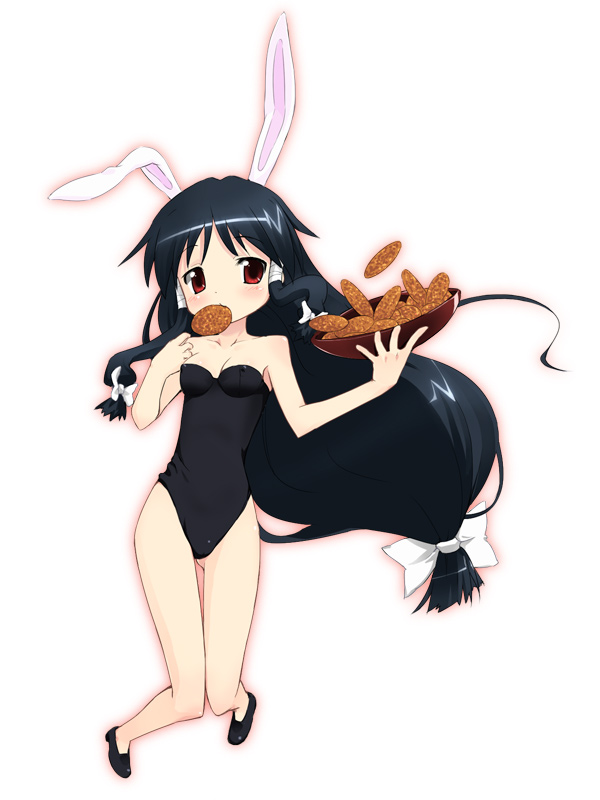 aikei, machi (nagasarete airantou), nagasarete airantou, 00s, 1girl, animal ears, bare legs, eating, fake animal ears, female focus, full body, leotard, long hair, low-tied long hair, playboy bunny, rabbit ears, simple background, single ear down, solo, very long hair, white background