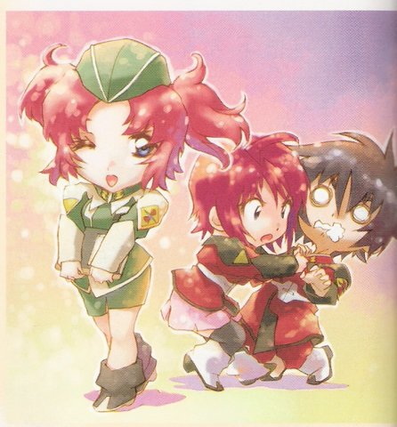 lunamaria hawke, meyrin hawke, shinn asuka, gundam, gundam seed, gundam seed destiny, lowres, official art, 00s, 1boy, 2girls, beret, hat, multiple girls, siblings, sisters, twintails