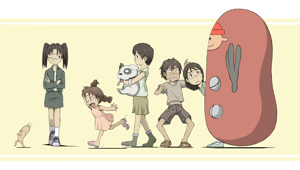 daichi, kubocha, amasawa yuuko, densuke (dennou coil), hashimoto fumie, okonogi kyouko, okonogi yuuko, oyaji (dennou coil), sawaguchi daichi, searchmaton (dennou coil), dennou coil, 00s, 1boy, 4girls, dog, multiple girls, one eye closed, running, simple background, yellow background