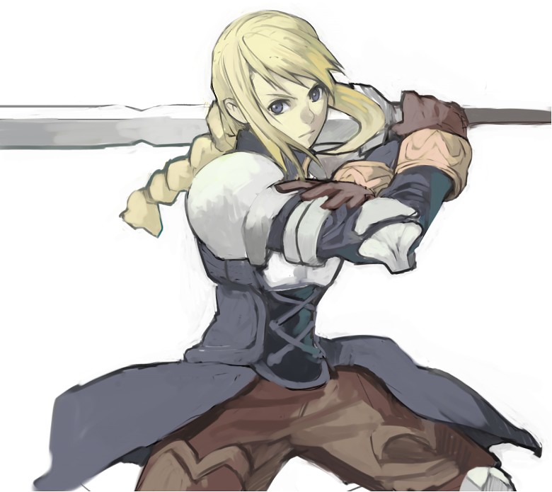 agrias oaks, final fantasy, final fantasy tactics, 1girl, armor, blonde hair, blue eyes, braid, female focus, knight, long hair, simple background, solo, sword, weapon