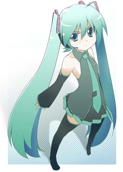 bakutendou, hatsune miku, vocaloid, 1girl, aqua hair, female focus, long hair, necktie, solo, thighhighs, twintails, very long hair