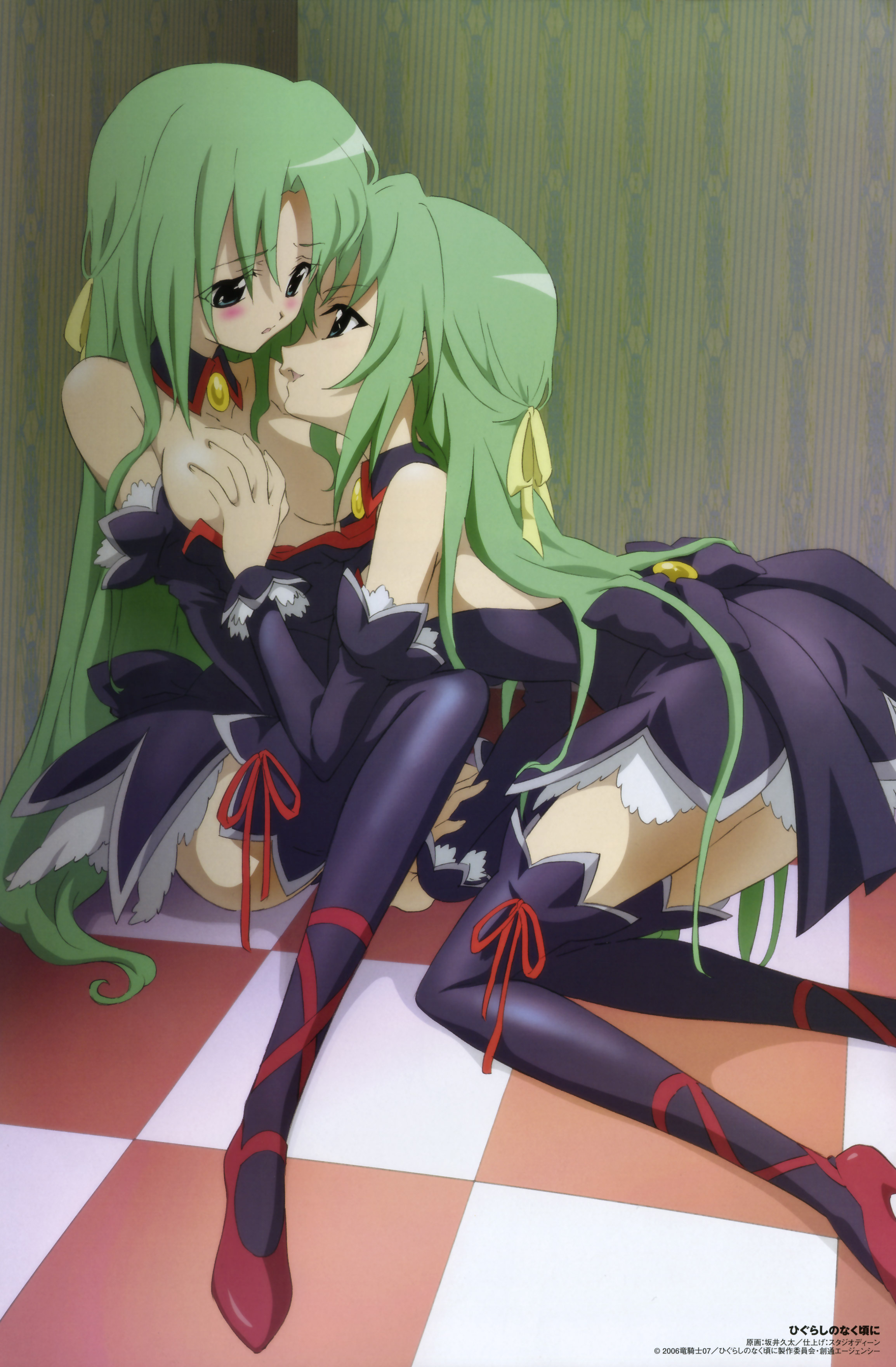 sakai kyuuta, sonozaki mion, sonozaki shion, higurashi no naku koro ni, black legwear, absurdres, highres, official art, 00s, 2girls, angel mort, breasts, breasts out, checkered floor, couple, detached collar, eye contact, grabbing another's breast, green hair, groping, half updo, imminent kiss, incest, kneeling, looking at another, multiple girls, naughty face, siblings, sisters, sitting, thighhighs, topless female, twincest, twins, waitress, waitress uniform, yuri