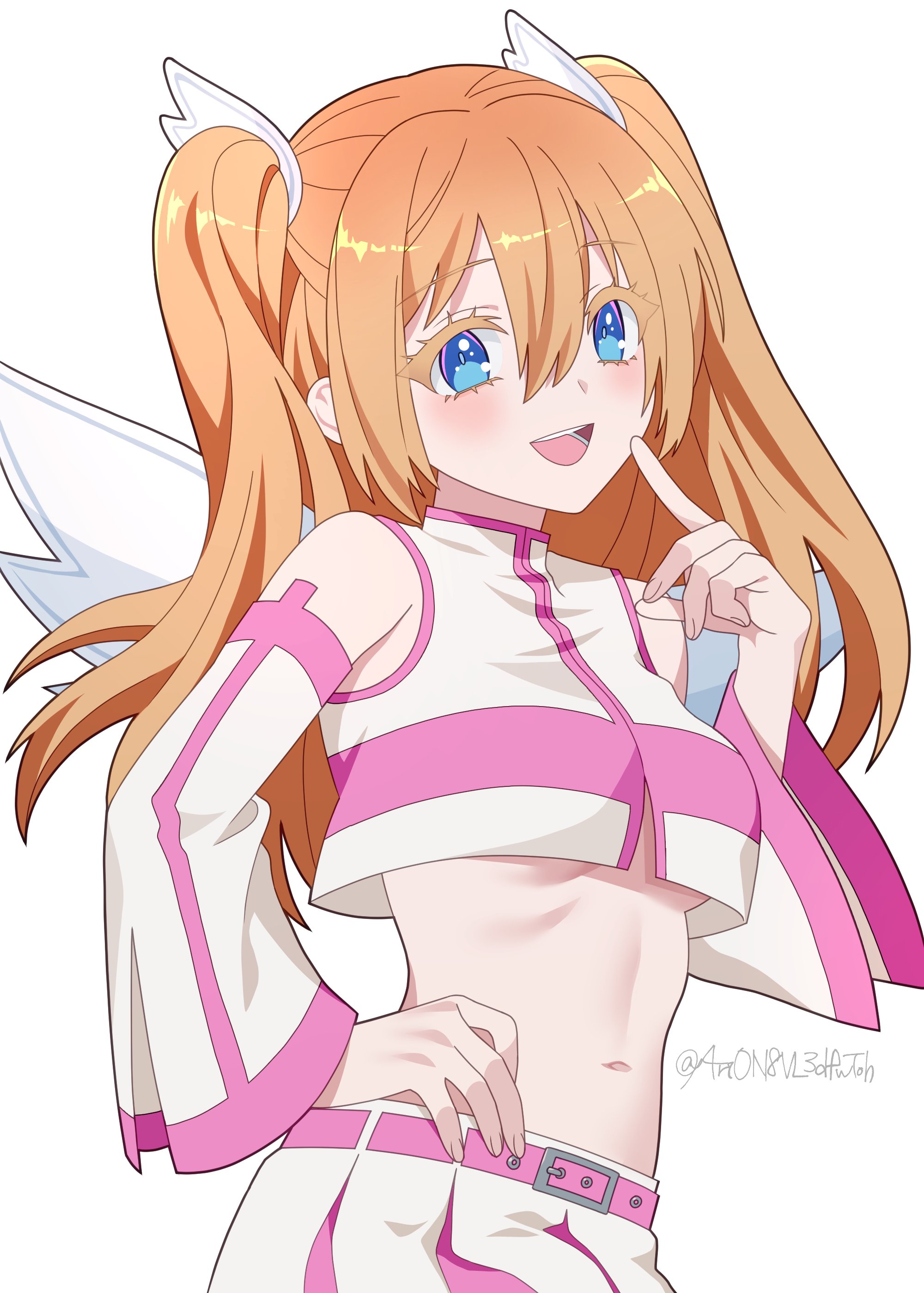 4rion, amano ririsa, liliel (2.5 jigen no ririsa), 2.5 jigen no ririsa, absurdres, commentary request, highres, 1girl, artist name, bare shoulders, belt, blue eyes, breasts, cosplay, crop top, detached sleeves, finger to cheek, hair ornament, hand on own hip, liliel (2.5 jigen no ririsa) (cosplay), looking at viewer, medium breasts, midriff, navel, open mouth, orange hair, pink belt, pink trim, simple background, smile, solo, stomach, twitter username, two side up, upper body, white background