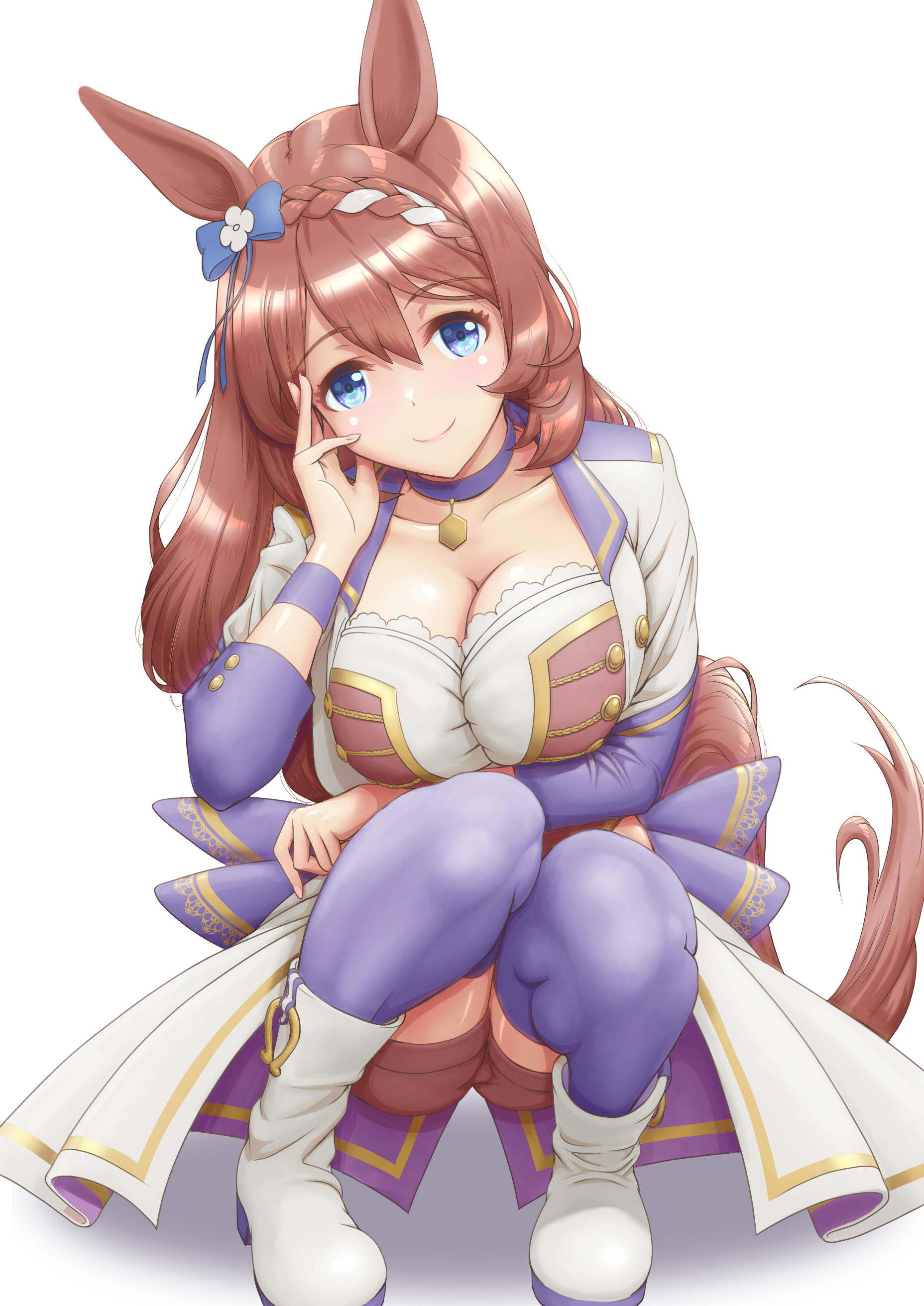 shibakarisena, super creek (umamusume), umamusume, absurdres, highres, 1girl, animal ears, blue bow, blue eyes, blush, boots, bow, braid, breasts, brown hair, brown shorts, choker, cleavage, closed mouth, corset, cropped jacket, ear ornament, hair between eyes, horse ears, horse girl, horse tail, jacket, large breasts, long hair, long sleeves, looking at viewer, multicolored hair, official alternate costume, overskirt, pendant choker, purple choker, purple thighhighs, red corset, red shorts, shorts, simple background, smile, solo, squatting, starting future (umamusume), streaked hair, tail, thighhighs, very long hair, white background, white boots, white hair, white jacket, wristband