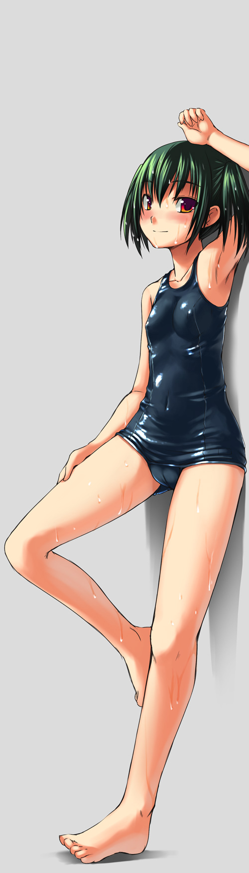 bosshi, yu (bosshi), original, highres, long image, tall image, 1girl, barefoot, black one-piece swimsuit, cameltoe, covered erect nipples, feet, female focus, flat chest, lying, nipples, one-piece swimsuit, school swimsuit, solo, standing, swimsuit, toes, twintails, wet