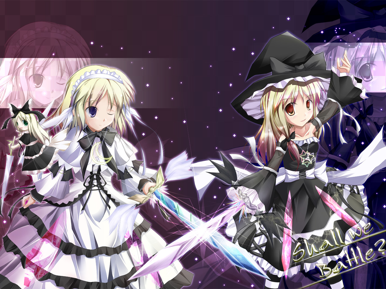 desuno, alice margatroid, kirisame marisa, shanghai doll, touhou, 2girls, alternate costume, black dress, blonde hair, brown eyes, cowboy shot, crossed swords, dress, female focus, gothic lolita, hat, holding, holding sword, holding weapon, lolita fashion, looking at viewer, multiple girls, red eyes, short hair, standing, sword, weapon, white dress, witch hat