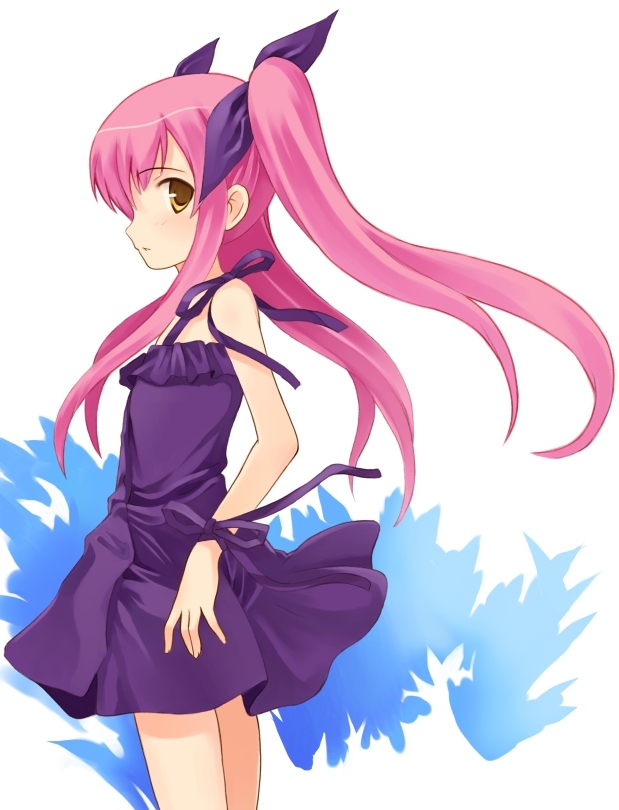 kurasuke, kousaka alice, suigetsu, 1girl, bare shoulders, dress, female focus, long hair, pink hair, profile, ribbon, solo, twintails, wrist ribbon, yellow eyes
