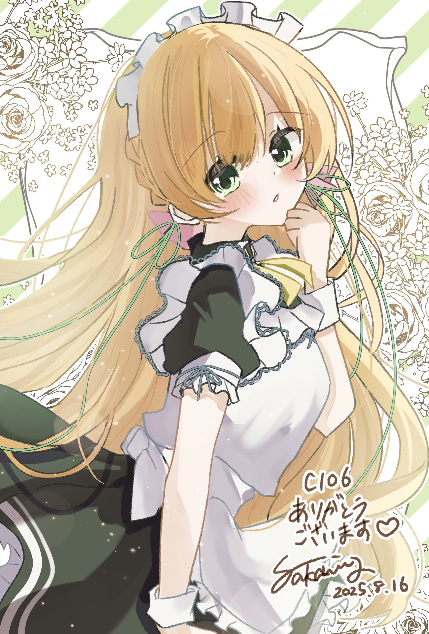 sakaniwa t, tsukiyashiro kisaki, comiket 106, kami no ue no mahou tsukai, commentary request, highres, 1girl, 2025, alternate costume, apron, black dress, blonde hair, blush, braid, clenched hand, cowboy shot, dated, dress, enmaided, floating hair, floral background, flower, frilled apron, frills, from side, green eyes, green ribbon, hair between eyes, hair ribbon, hand up, heart, long hair, long ribbon, looking at viewer, maid, maid apron, maid headdress, neck ribbon, parted lips, puffy short sleeves, puffy sleeves, ribbon, rose, short sleeves, side braid, signature, simple background, solo, straight hair, very long hair, white apron, white background, white flower, white rose, white wrist cuffs, wrist cuffs, yellow ribbon