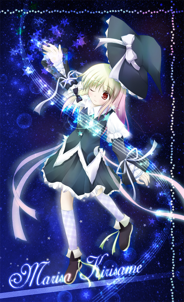 desuno, kirisame marisa, touhou, eyebrows, plaid, 1girl, arm up, beamed quavers, black bow, black hat, black shoes, black skirt, black vest, blonde hair, blue background, blush, border, bow, character name, crescent, female focus, footwear ribbon, frills, full body, gradient hair, hair bow, hat, hat bow, hat ribbon, kneehighs, layered sleeves, long hair, long sleeves, multicolored hair, musical note, musical staff, one eye closed, quaver, red eyes, ribbon, sheet music, shirt, shoes, short over long sleeves, short sleeves, skirt, smile, socks, solo, star (symbol), unworn hat, unworn headwear, vest, white bow, white ribbon, white shirt, wide sleeves, witch hat
