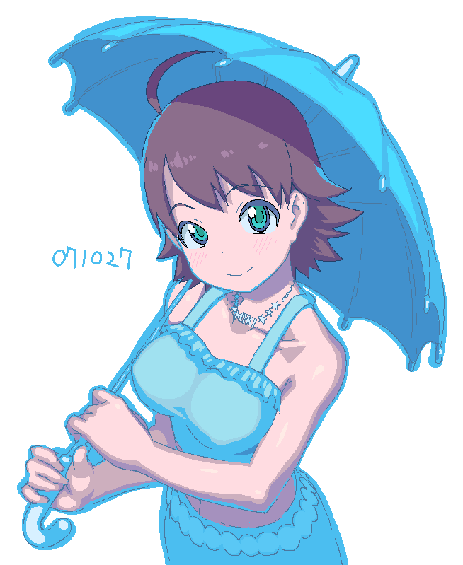 lunch (shin new), awakened miki, hoshii miki, idolmaster, idolmaster (classic), idolmaster 1, 00s, 1girl, ahoge, blue theme, brown hair, character name, female focus, green eyes, holding, holding umbrella, jewelry, necklace, oekaki, outline, simple background, solo, umbrella, white background