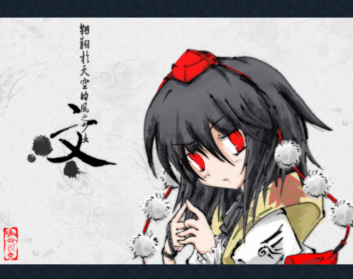 shameimaru aya, touhou, 1girl, black hair, female focus, hat, red eyes, solo, upper body
