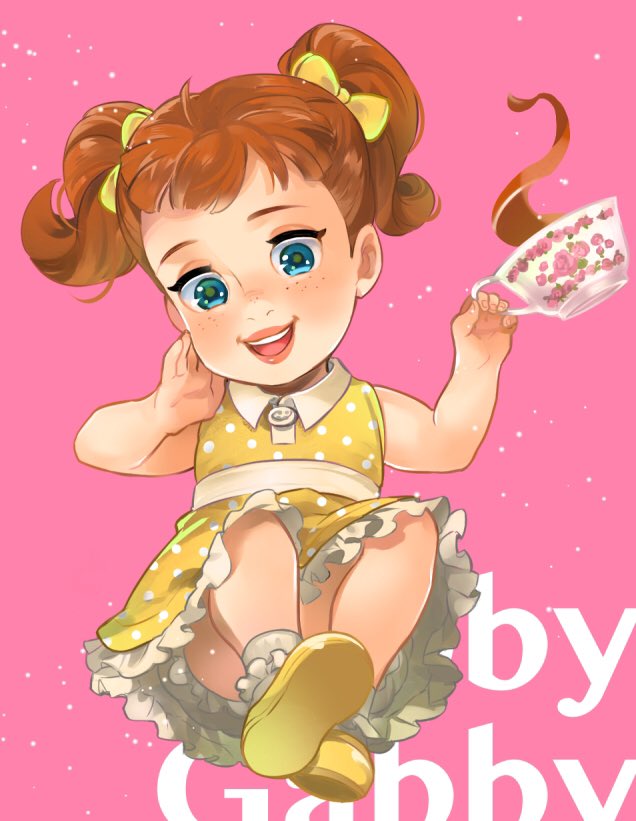ano (sbee), gabby gabby, disney, pixar, toy story, toy story 4, 1girl, bare shoulders, bow, brown hair, dress, freckles, full body, green eyes, hair bow, knees, mary janes, polka dot, polka dot dress, print dress, shoes, short dress, simple background, sleeveless, sleeveless dress, smile, solo, twintails, yellow dress, yellow shoes
