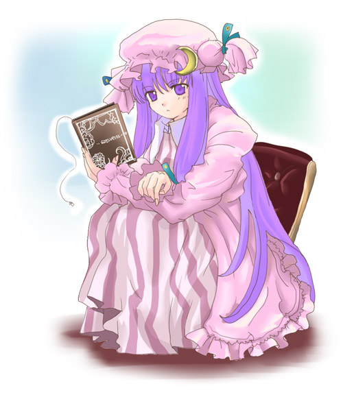 nanami sano, patchouli knowledge, touhou, 1girl, book, female focus, full body, gradient background, hair ribbon, hat, long hair, purple eyes, purple hair, ribbon, sitting, solo, white background