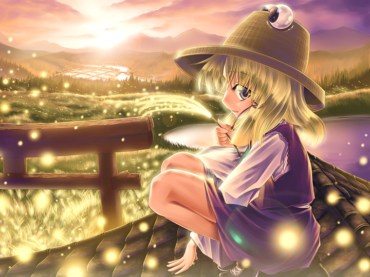 aozora market, moriya suwako, touhou, 1girl, arm support, blonde hair, female focus, field, glowing, gradient background, hat, holding, nature, outdoors, plant, rooftop, skirt, sky, solo, squatting, sunlight, sunset, torii, wheat