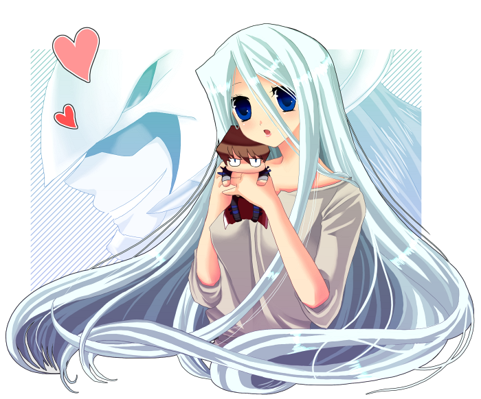 yui tooru, kaiba seto, kaibaman, kisara (yu-gi-oh!), yu-gi-oh!, yu-gi-oh! duel monsters, 1boy, 1girl, blue eyes, blue hair, chibi, duel monster, heart, long hair, mini person, miniboy