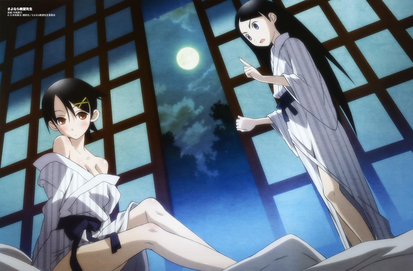 morioka hideyuki, fuura kafuka, kitsu chiri, comp h's, sayonara zetsubou sensei, striped, non-web source, official art, scan, 00s, 2girls, bare shoulders, black hair, blue eyes, blush, breasts, cleavage, embarrassed, full moon, hair ornament, hairclip, japanese clothes, kimono, legs, long hair, moon, multiple girls, night, night sky, no bra, off shoulder, open mouth, orange eyes, pointing, sash, short hair, sitting, sky, standing, very long hair, yukata