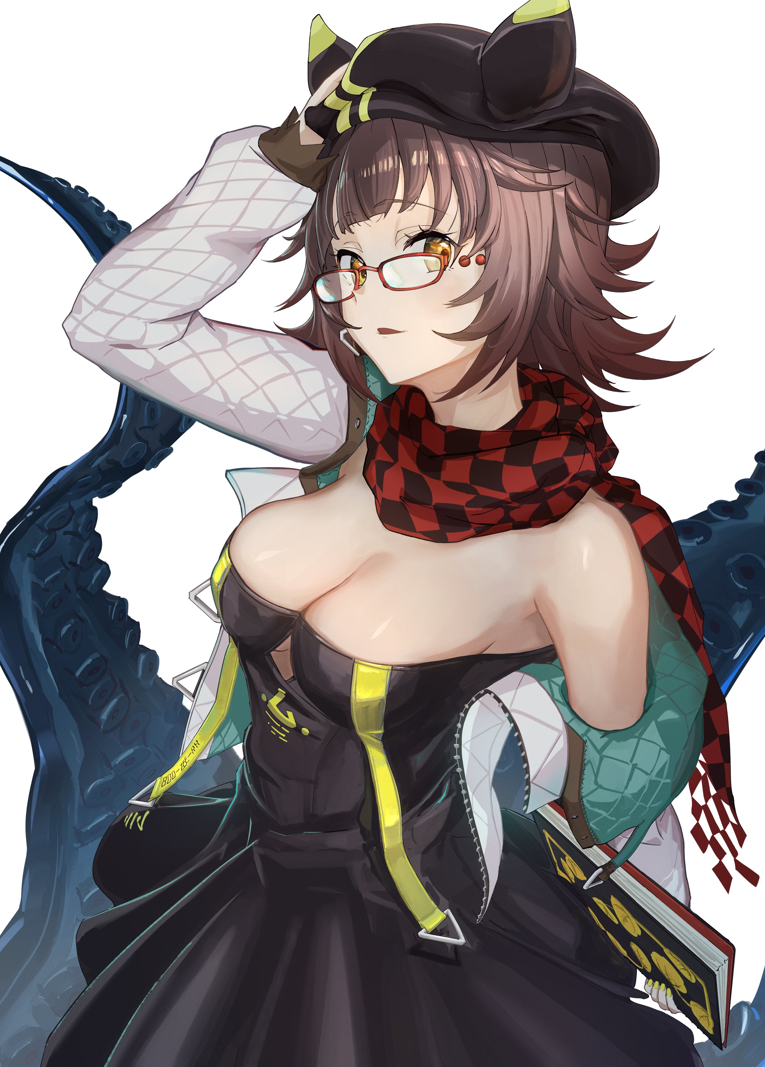 etobane, deepcolor (arknights), arknights, absurdres, highres, 1girl, black dress, black scarf, breasts, brown hair, checkered clothes, checkered scarf, cleavage, dress, glasses, hat, holding, holding sketchbook, jacket, looking at viewer, medium breasts, open clothes, open jacket, red-framed eyewear, red scarf, scarf, short hair, sketchbook, solo, tentacles, two-tone scarf, white jacket, yellow eyes