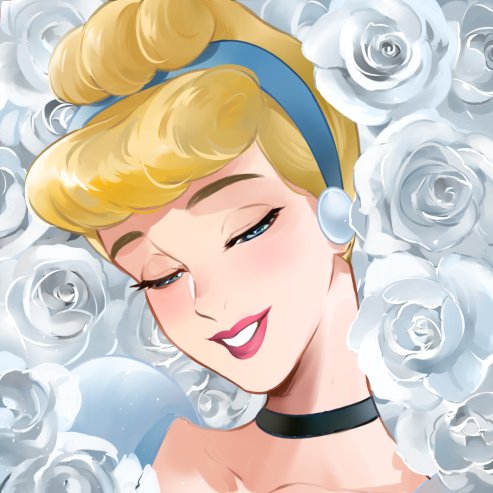 ano (sbee), cinderella (disney character), cinderella (disney movie), lowres, 1girl, ball gown, blonde hair, blue dress, blue flower, blue rose, choker, closed eyes, dress, earrings, flower, gown, hair bun, hairband, jewelry, looking at viewer, princess, princess dress, rose, short hair, smile, solo, teeth, upper teeth only, white flower, white rose