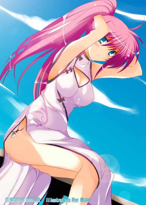 ibuki pon, pon ibuki, signum, lyrical nanoha, mahou shoujo lyrical nanoha, mahou shoujo lyrical nanoha strikers, duplicate, 00s, 1girl, blue eyes, breasts, china dress, chinese clothes, cleavage, cleavage cutout, clothing cutout, dress, female focus, large breasts, long hair, pink hair, ponytail, solo, thighs
