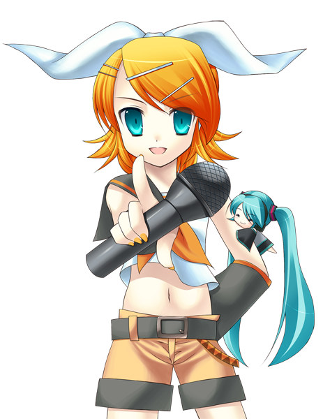 eko, hatsune miku, kagamine rin, vocaloid, bad id, bad pixiv id, 2girls, :d, belt, blouse, buckle, cowboy shot, detached sleeves, foreshortening, hair ornament, hair ribbon, hairclip, holding, long sleeves, looking at viewer, microphone, midriff, multiple girls, navel, open mouth, pointing, pointing at viewer, ribbon, shirt, short shorts, short sleeves, shorts, smile, stomach, swept bangs, tattoo, twintails, white shirt