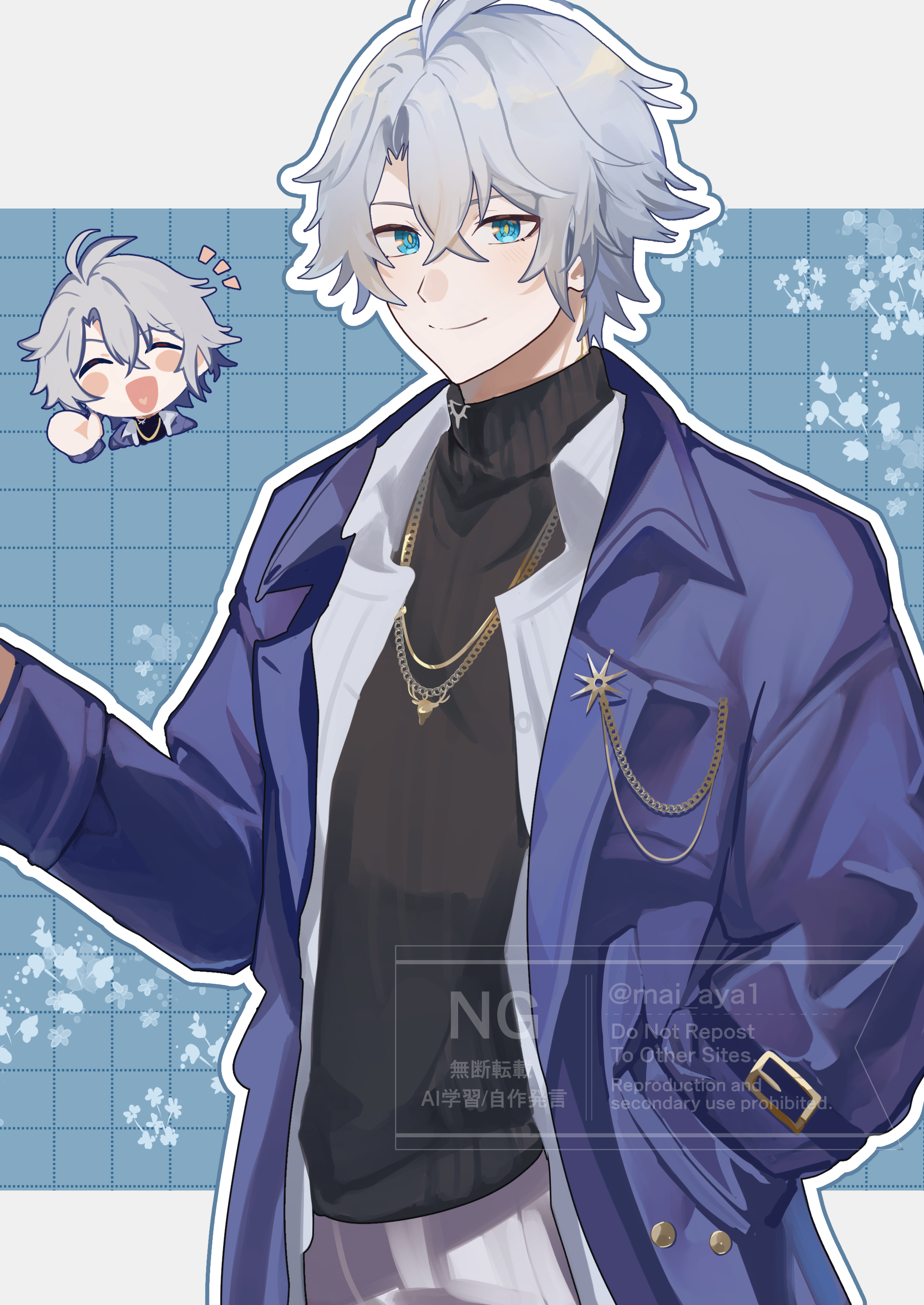 phainon (honkai: star rail), honkai: star rail, honkai (series), absurdres, highres, 1boy, antenna hair, black sweater, blue eyes, chibi, closed mouth, coat, english text, grey hair, hair between eyes, hand in pocket, hand up, jewelry, mai aya1, male focus, multiple views, necklace, official alternate costume, open clothes, open coat, open shirt, pants, parted bangs, phainon (luckin coffee) (honkai: star rail), purple coat, shirt, short hair, smile, solo, sweater, turtleneck, turtleneck sweater, watermark, white pants, white shirt, yellow pupils