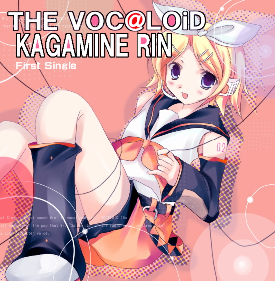 azumi kazuki, kagamine rin, idolmaster, idolmaster (classic), idolmaster 1, vocaloid, 1girl, :d, belt, blonde hair, bow, cable, detached sleeves, english text, engrish text, female focus, hair ornament, hairclip, headphones, headset, leg warmers, open mouth, parody, ranguage, shirt, shoes, short hair, shorts, sleeveless, sleeveless shirt, smile, solo, wire