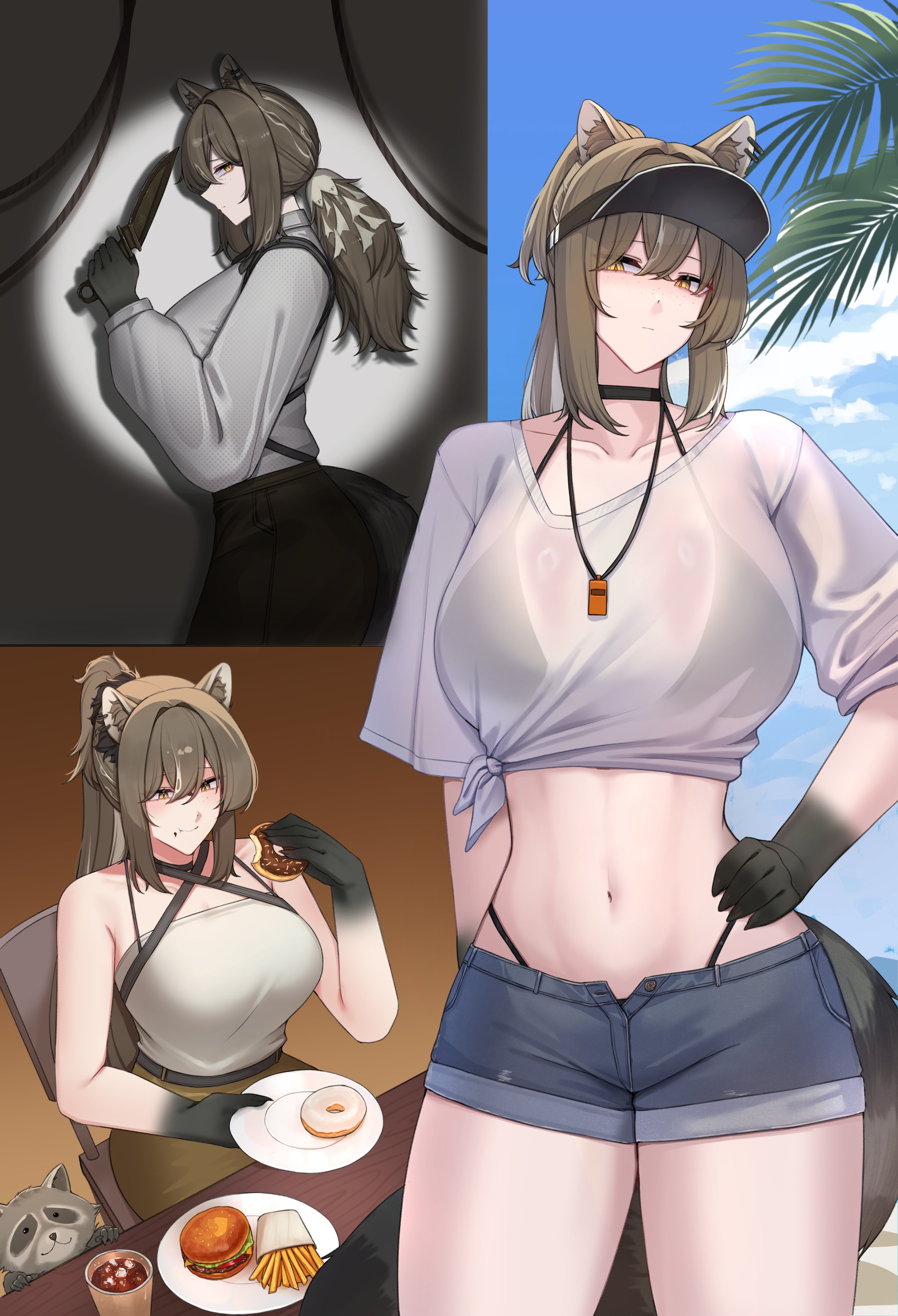 ant k, robin (arknights), arknights, absurdres, cropped, highres, 1girl, animal ear fluff, animal ears, arm behind back, bare shoulders, belt, bikini, black belt, black bikini, black choker, black panties, breasts, brown hair, brown pants, burger, chair, choker, cloud, collarbone, collared shirt, colored extremities, cowboy, cowboy shot, criss-cross halter, cup, dagger, denim, denim shorts, donut, facing to the side, food, food on face, freckles, french fries, hair intakes, halterneck, hand on own hip, holding, holding dagger, holding donut, holding food, holding knife, holding weapon, knife, large breasts, looking at viewer, medium hair, midriff, multicolored hair, navel, open fly, palm tree, panties, pants, plate, ponytail, raccoon, raccoon ears, raccoon girl, raccoon tail, see-through clothes, see-through shirt, shirt, short sleeves, shorts, sidelocks, sitting, sleeveless, sleeveless shirt, solo, spotlight, stomach, streaked hair, swimsuit, tail, thong bikini, tied shirt, tree, unbuttoned, underwear, visor cap, weapon, western, whistle, whistle around neck, white hair, white shirt, yellow eyes