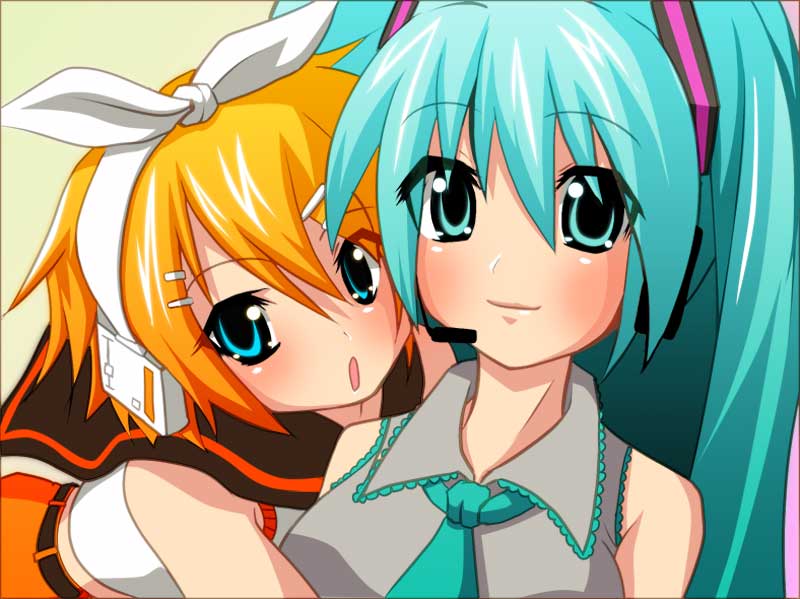 yasuhito, hatsune miku, kagamine rin, vocaloid, 2girls, :o, aqua hair, aqua necktie, bare shoulders, blue eyes, blush, collared shirt, hug, long hair, long sleeves, multiple girls, necktie, open mouth, sailor collar, school uniform, serafuku, shirt, short hair, twintails, upper body, very long hair