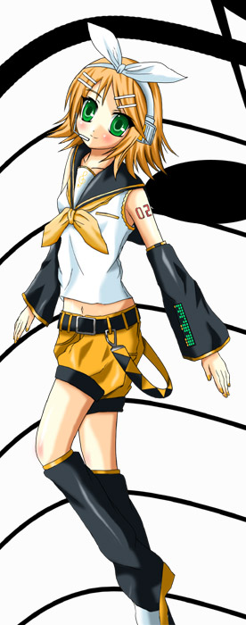 natsuzakura yuuki, kagamine rin, kagamine rin (if), vocaloid, cropped, 1girl, belt, blonde hair, blouse, blush, bow, detached sleeves, female focus, green eyes, hair ornament, hairclip, headphones, headset, leg warmers, light smile, midriff, musical note, nail polish, navel, orange nails, shirt, shoes, short hair, shorts, sleeveless, sleeveless shirt, solo