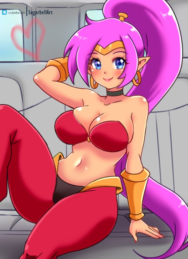 sugarbell, shantae, shantae (series), wayforward, 1girl, arm behind head, arm support, arm up, bikini, bikini top only, blue eyes, blush, bracer, breasts, choker, cleavage, collarbone, dancer, dark skin, earrings, harem outfit, harem pants, heart, hoop earrings, jewelry, large breasts, long hair, looking at viewer, navel, pants, pointy ears, ponytail, purple hair, red bikini, red pants, sitting, smile, swimsuit, tiara