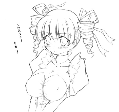 miyata gakuman, dark hunter, dark hunter (sekaiju), dark hunter 4, lowres, 1girl, blush, breasts, cleavage, drill hair, female focus, greyscale, huge breasts, looking at viewer, monochrome, ribbon, simple background, solo, twin drills, twintails, white background