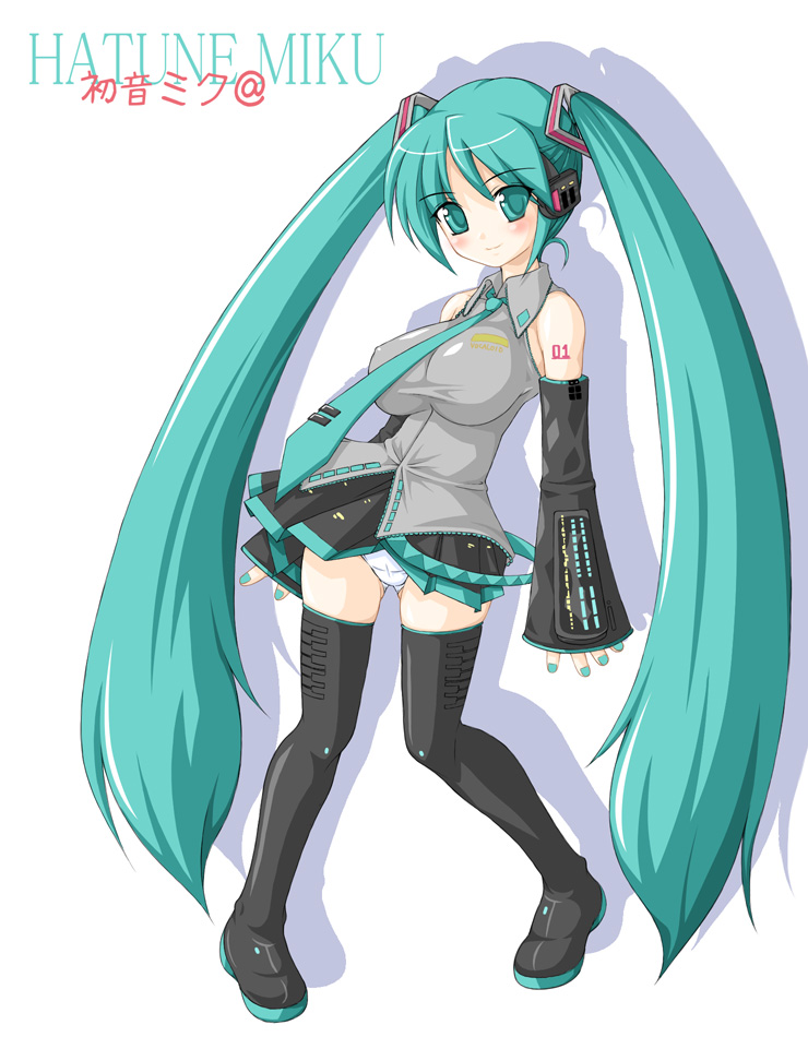 miyata gakuman, hatsune miku, vocaloid, 00s, 1girl, aqua eyes, aqua hair, bare shoulders, breasts, character name, female focus, gluteal fold, kunreishiki, large breasts, long hair, looking at viewer, matching hair/eyes, panties, romaji text, solo, standing, thighhighs, twintails, underwear, very long hair, zettai ryouiki