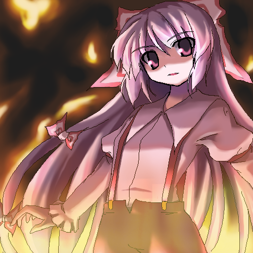 akiyasu, fujiwara no mokou, touhou, eyebrows, lowres, 1girl, bow, cowboy shot, female focus, fire, hair bow, long hair, long sleeves, looking at viewer, multiple hair bows, oekaki, pants, puffy long sleeves, puffy sleeves, red eyes, solo, suspenders, touhuya, very long hair, white hair