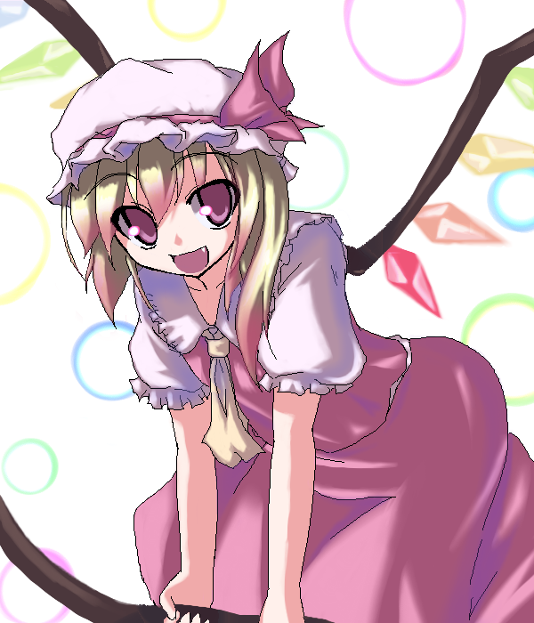 akiyasu, flandre scarlet, touhou, 1girl, bent over, blouse, fang, female focus, hat, mob cap, oekaki, shirt, skirt, solo, standing, touhuya, white background, white shirt