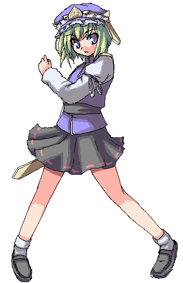 akiyasu, shiki eiki, touhou, 1girl, black shoes, blue eyes, female focus, full body, green hair, hat, loafers, oekaki, rod of remorse, shoes, short hair, simple background, skirt, socks, solo, touhuya