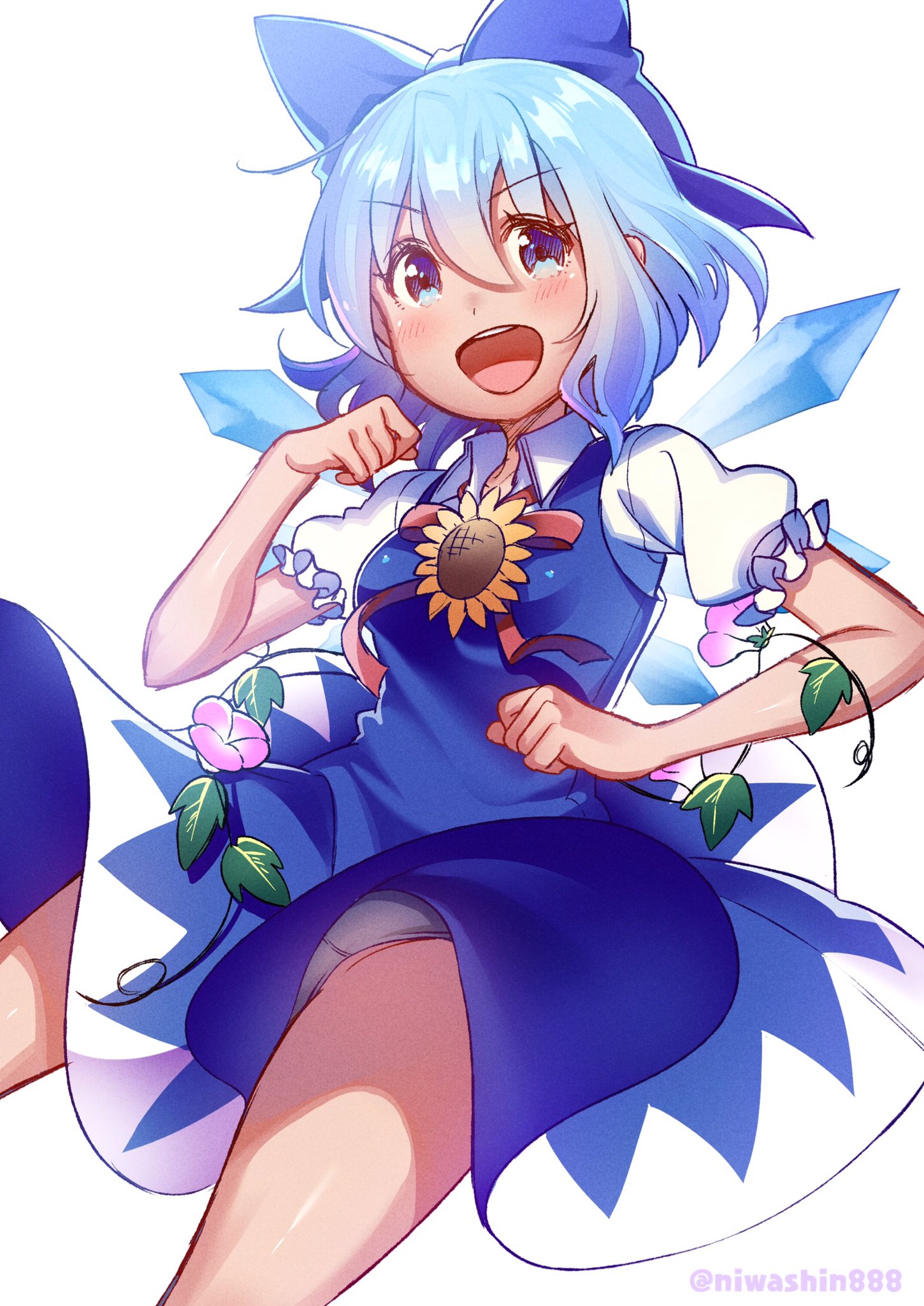 niwashi (yuyu), cirno, tanned cirno, touhou, commentary request, highres, 1girl, :d, blue bow, blue dress, blue eyes, blue hair, blue wings, blush, bow, breasts, brooch, collared shirt, cowboy shot, dress, flower, flower brooch, hair bow, jewelry, medium breasts, medium hair, morning glory, open mouth, pink flower, plant, red ribbon, ribbon, shirt, short sleeves, simple background, smile, solo, sunflower, tan, teeth, thighs, upper teeth only, vines, white background, white shirt, wings