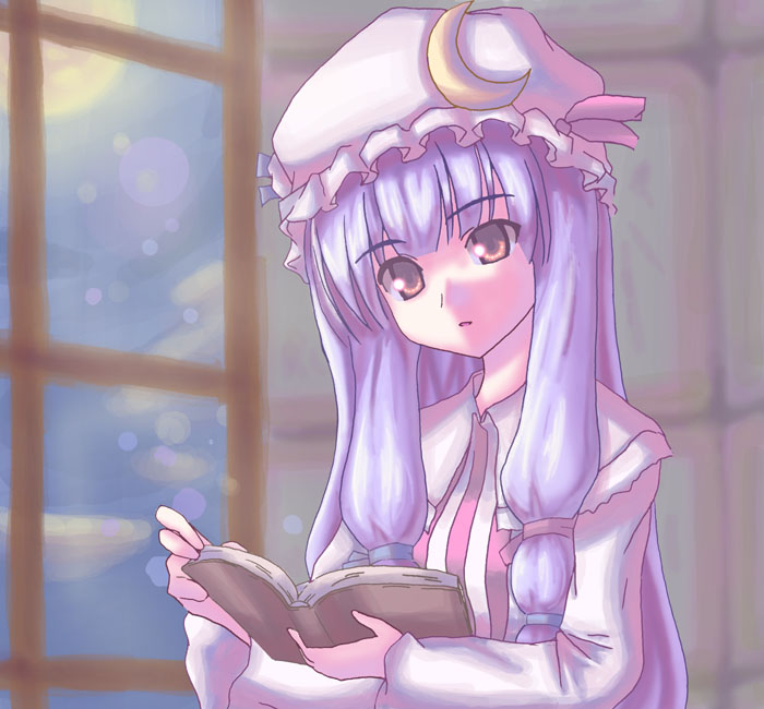 akiyasu, patchouli knowledge, touhou, 1girl, blue ribbon, blunt bangs, book, crescent, crescent hair ornament, dress, female focus, full moon, hair ornament, hair ribbon, hat, indoors, long sleeves, mob cap, moon, orange eyes, purple hair, red ribbon, ribbon, solo, striped clothes, striped dress, touhuya, upper body, window