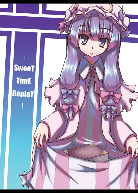 akiyasu, patchouli knowledge, touhou, 1girl, book, bow, crescent, dress, female focus, hat, mob cap, pink bow, solo, striped clothes, striped dress, touhuya, vertical stripes