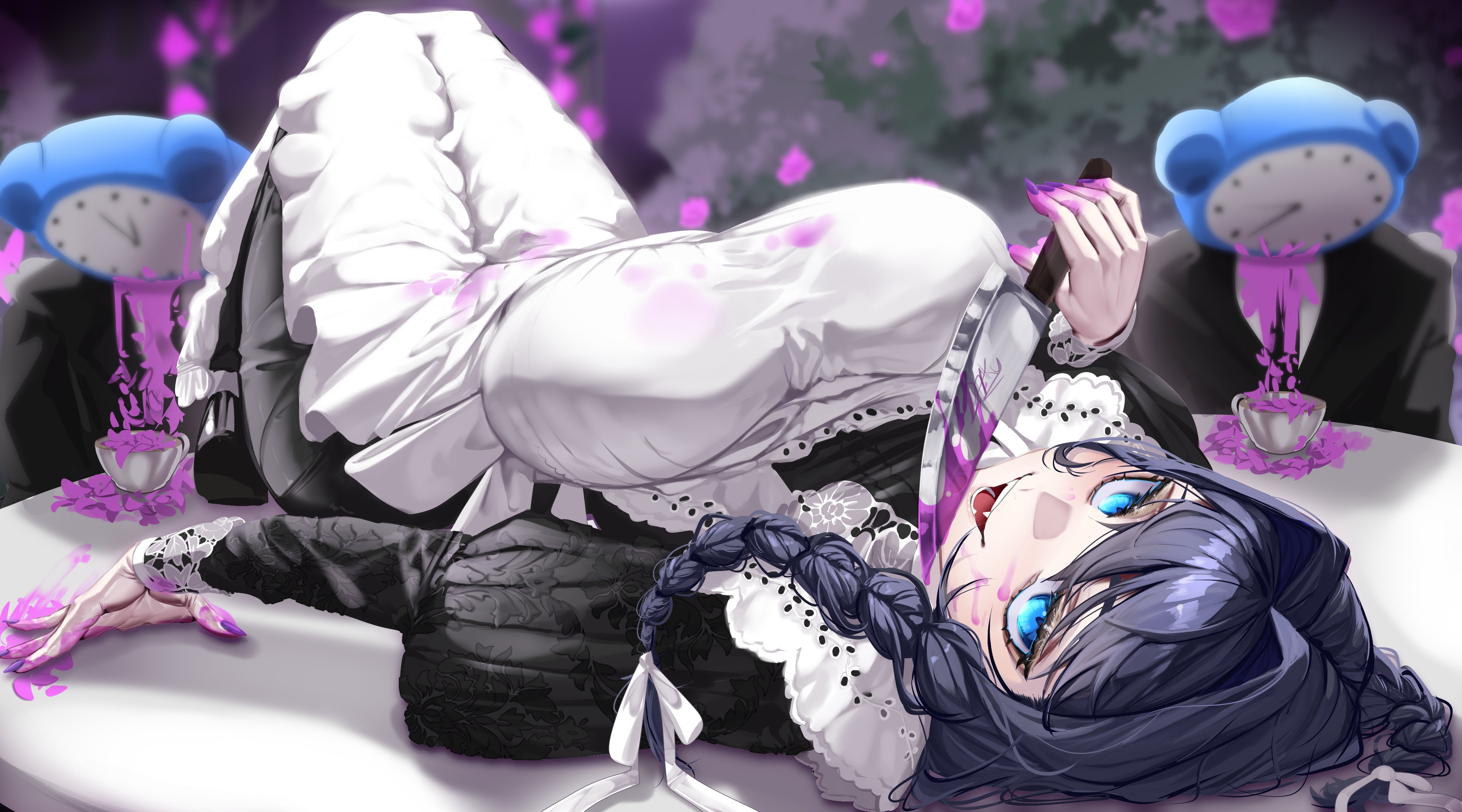 daaku (koizumi arata), kronie (ouro kronii), ouro kronii, ouro kronii (maid), hololive, absurdres, commentary, english commentary, highres, 1girl, 2others, apron, blood, blood on face, blue eyes, blue hair, bow, braid, breasts, embroidered dress, fangs, frilled apron, frills, hair bow, hair intakes, holding, holding knife, juliet sleeves, knife, large breasts, long sleeves, looking at viewer, low twin braids, lying, maid, maid apron, multiple others, official alternate costume, official alternate hairstyle, on back, on table, open mouth, pink blood, pink petals, puffy sleeves, smile, table, twin braids, victorian maid, virtual youtuber, white bow, yandere